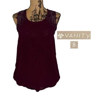 Vanity Sheer Lace Chiffon Tank Top Rhinestones Burgundy Size Small Boho Chic